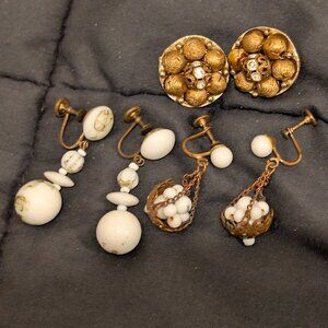 Vintage MIlk Glass, Rhinestone, Brass Earrings